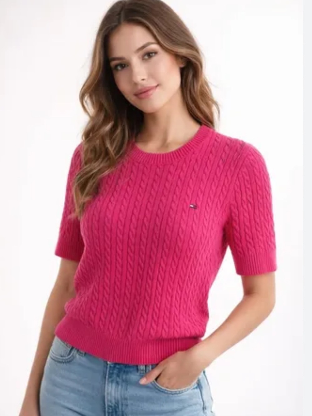 Tommy Hilfiger Crewneck Cable-Knit Sweater - Fuchsia Pink